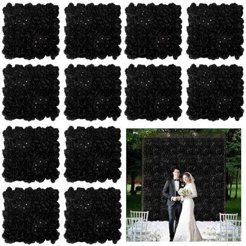BloomTrend 3D Flower Wall Backdrop - 12Pcs 15×15 Inch Artificial Rose Panels Black Silk Floral Decor for Home Party Wedding Anniversary Birthday Photographic Studio Background & Decorative Fences