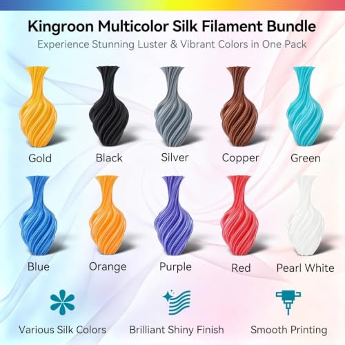 Image of Kingroon Silk PLA Filament Bundle 10kg, 3D Printer Filament 1.75mm | 10 Assorted Colors, Silk Luster & Invisible Layering, Dimensional Accuracy + /- 0.02mm, Low Warp & Clog-Free, Fits Most FDM