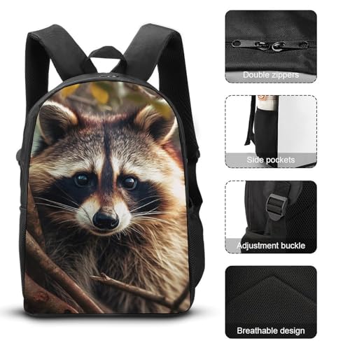 3 Piece Backpack for Women Men Lightweight Causal Daypack Shoulder Bag Set with Insulated Lunch Bag And Pencil Case Organizers Raccoon on Tree3