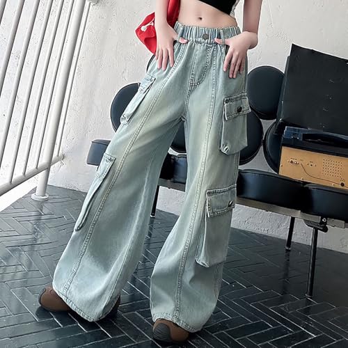 Girls Baggy Straight Cargo Jeans Wide Leg Elastic High Waist Denim Pants Teens Fall Trendy Distressed Streetwear Clothes4