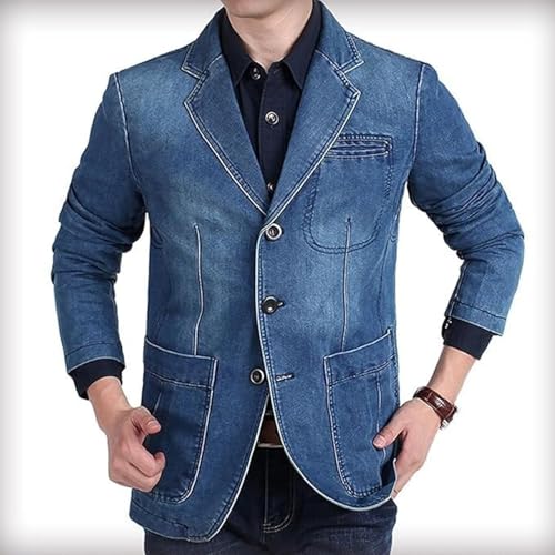 SWJGLITTR Mens Three Button Denim Suit Jacket Slim Fit Autumn Blazer Sport Coat Lapel Vintage Jean Suits Jackets