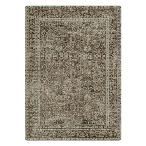 Area Rugs 8x10 for Living Room Bedroom, Vintage Machine Washable Stain Resistant Rug, Large Soft Low Pile Sage Charcoal Foor Mat with Non Slip Backing for Dining Room
