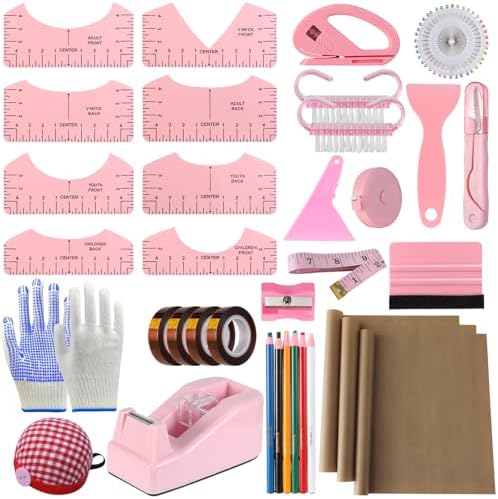 XEUZK Sublimation Shirts Tool Pink Kit With 8T Shirt rulers, 3Pack Teflon Sheet for Heat Press 12 x 16in, Heat Resistant Gloves & Silicone Bumps, 4Rolls Heat Resistant Tape& Tape Dispenser Sublimation