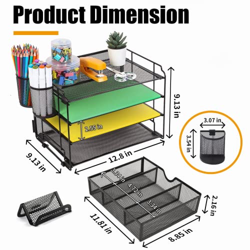 DALTACK-4-Trays-Desktop-File-Organizer-with-Pen-HolderLetter-Tray-Paper-Organizer-with-Drawer-and-Pen-Holders-Black-Mesh-Office-Supplies-File-HolderDesk-Organizer-for-Office-School-Home