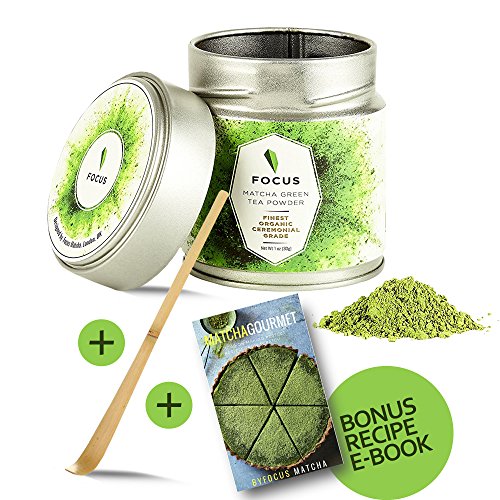 Hyper Premium Organic Matcha Green Tea Powder Ceremonial Grade + Bamboo Tea Ceremony Spoon + Free 'Matcha Gourmet' Recipe e-Book = Matcha Tea Set - 1 oz (30 servings) per tin can