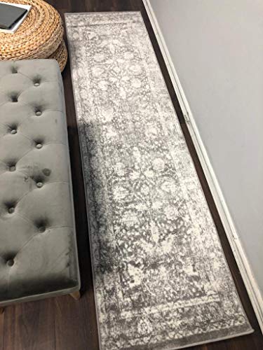 A2Z Rug|Santorini 6076 Grey Silver Vintage Style Floral Pattern With Border|Bedside Hallway Traditional Area Runner Rug|Soft Short Medium Pile|60x230cm-1'12" x7'7 ft Long Carpet