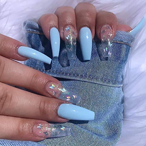 False Nails, Blue Mixed Butterfly Swirlh Almond Design Artificial Press On Nails Full Cover Artificial Fake Nails with Design Nail Tips for Women and Girls, Press-On Manicure Set （24pcs）