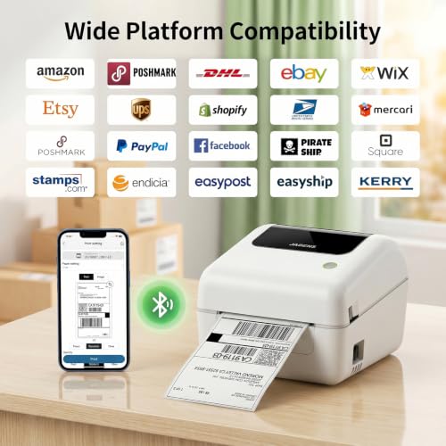Image of Bluetooth Thermal Shipping Label Printer with Built-in Label Bin, Wireless 4x6 Label Printer for iPhone, Android, Windows & Mac, Includes 50 Labels, Works with USPS, UPS, Amazon, Etsy, Shopify, White