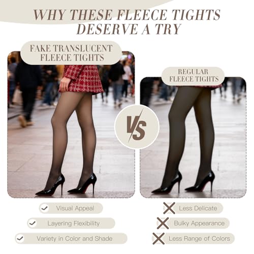 Image of Fleece Lined Tights Fake Translucent Pantyhose for Women Thermal Warm Leggings