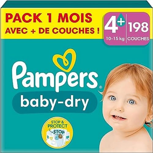 Pampers Pañales tamaño 4+ (10 – 15 kg) Baby Dry, Maxi Plus, caja de meses, hasta 12 horas de protección total contra fugas, 198 unidades