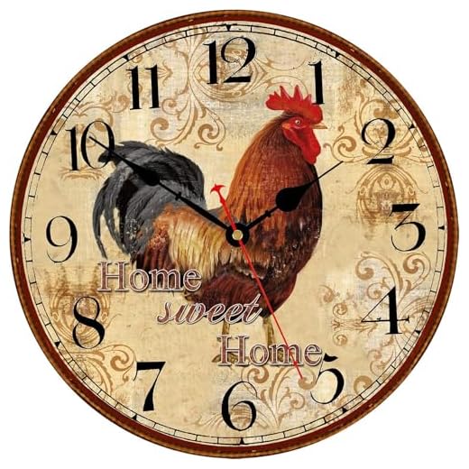 TAHEAT 12 Inch Rooster Wall Clock, Home Sweet Home Farmhouse Decor, Red Vintage Chicken Battery Operated Wall Clocks for Kitchen/Bedroom/Dining Room/Office