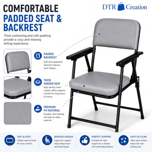 Image of Foldable Cushioned Chair with Armrests | Heavy Duty Metal Frame | Soft Padded Seat & Backrest | Space Saving Folding Chair for Home, Office, Study & Guest Seating | Grey