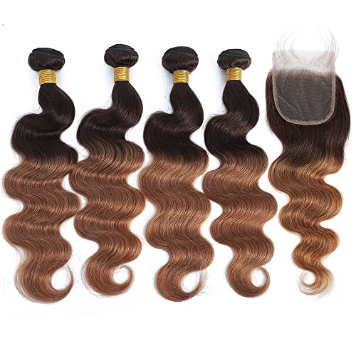 2 Tone Ombre Body Wave Hair 4 Bundles with 4x4 Lace Closure 100% Unprocessed Brazilian Remy Virgin Hair Body Wave Human Hair Bundles with Free Part Closure (20 22 24 26+20" 4x4 Closure)