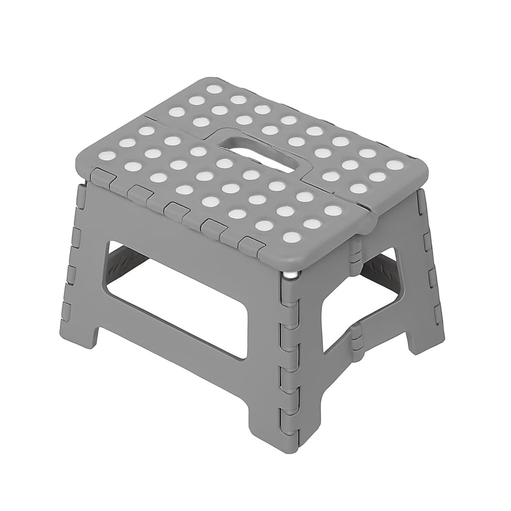 Plastic Folding Step Stool with Non-Slip Surface, Portable and Sturdy for Kitchen, Bathroom or Children – White and Grey (Grey)