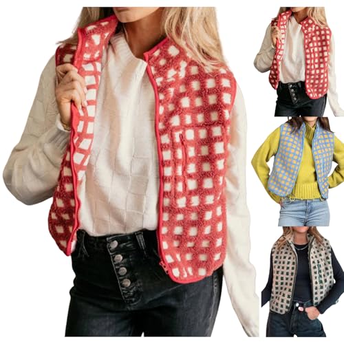 Women's Checkered Fleece Vest Zip Up Sleeveless Sherpa Jackets Casual Stand Collared Cardigan Gilet with Pocket4