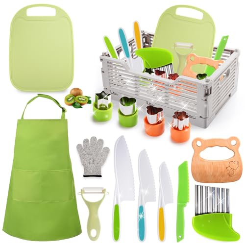 Dancial Kids Knife Set for Chopping, Kids Cooking Set with Foldable Storage Box and Aprons, Toddler Knife Set Kids Toys for 2 3 4 5 6Year Old, Montessori Toys for Christmas Birthday Gifts