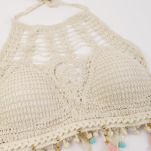 Image of PALAY Women's Summer Beach Backless Crochet Halter Bikini Crop Top Crochet Hollow Out Tassle Embroidery Knit Boho Beachwear