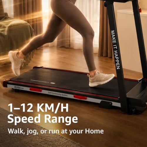 Image of MAXPRO Aura 4HP Peak BLDC Motor Treadmill for Home Use| 110kgs Max.User Weight | 12km /hr Speed | LED Display with Tablet Holder | Manual Incline Treadmill for Home Gym
