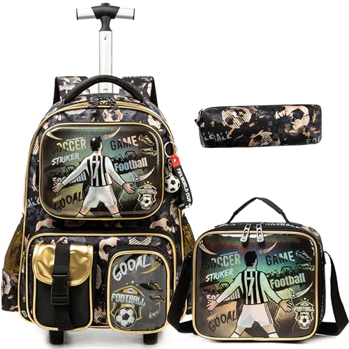Egchescebo Mochila Escolar Infantil com Rodinhas para Menino e Crianças Rodas Bolsa Mala Carrinho 17” 3PCS Lancheira Juvenil Estojo Costas Divertidamente Multifuncionais Futebol Marrom