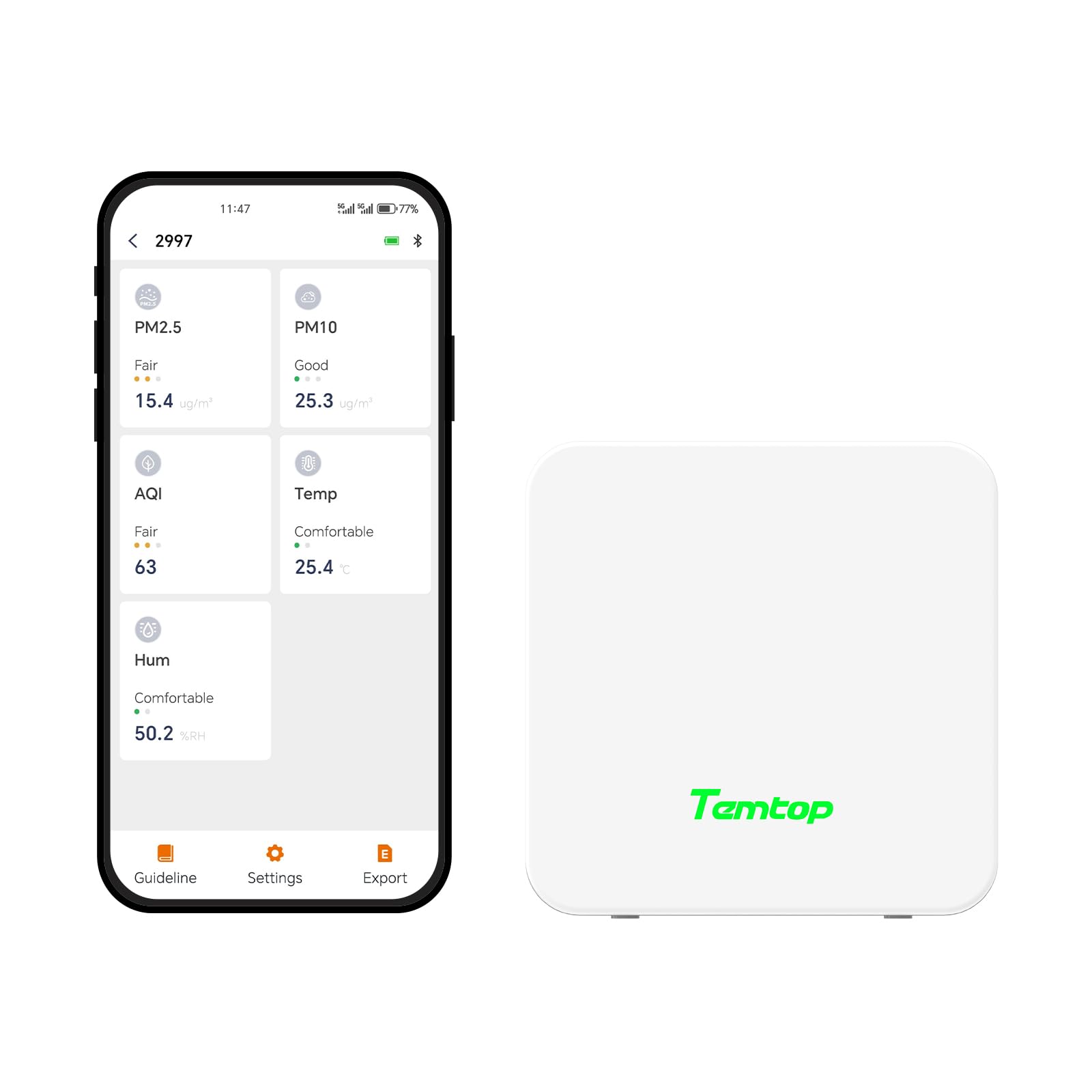 Temtop Air Quality Monitor PM2.5 PM10 Temperature Humidity Detector with Real-Time AQI and Bluetooth App, P1