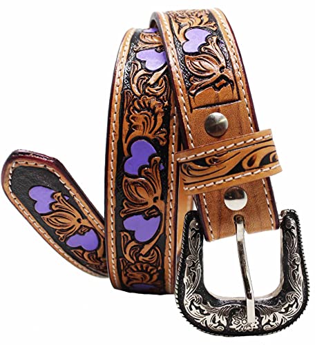 Girls Kids Child Youth 1-1/4" Wide Western Rodeo Fashion Two-Tone Floral Hearts Tooled Leather Belt 26FK37Kid2