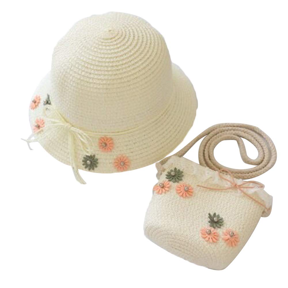 AZXAZ Sombrero de Paja para Niña con Bolsa Linda Bebé del Niño Gorra de Flores Debe Bolsa Conjunto Monedero al Aire Libre del Sombrero de Paja del Verano Ajuste para Niños de 2-7 años