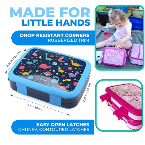 Bento Box Lunch Boxes for Kids Boys Girls, Snack Containers for Toddler Daycare, Pre-School Lunches, 4 Divided Compartments, Pink Unicorn + Blue Space Dinosaur 2 pack