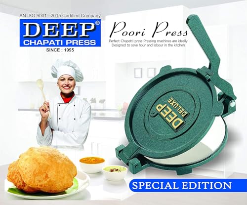 Image of DEEP 8.7 Inch Roti Maker Machine Heavy Duty Cast Iron with Stainless Steel Plates - Manual Chapati Presser, Puri Maker Press Machine - Kitchen Utensil for Roti, Chapati, Puri, Papad, Khakhra Maker