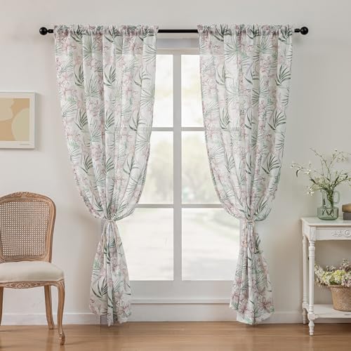 Image of SUOUO Green Tropical Palm Leaf Semi Sheer Curtains 96 inches Long Linen Textured for Living Room Patterned Red Floral Window Drapes for Dining Bedroom 2 Panels