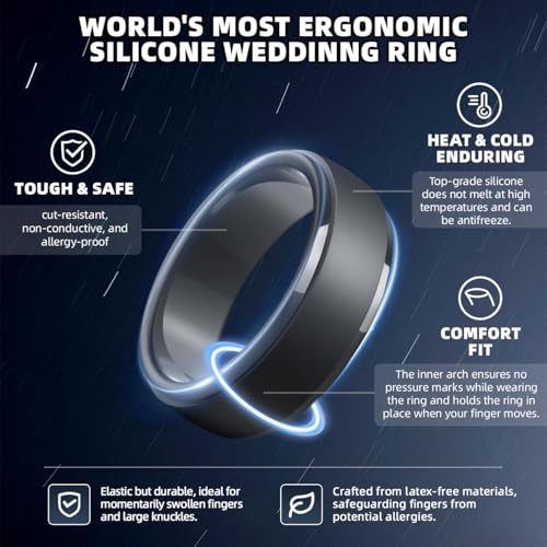 Image of Egnaro Men's Silicone Wedding Rings: Classic Black Step Edge Rubber band 10mm Wide 2.5mm Thick- Hypoallergenic for Gym /Outdoor /Gift(1 /4 /7 Variety Pack with Half Size)