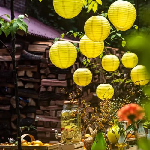 Image of Wanna Party 10 inch Yellow Round Paper Lanterns Decorative Hanging Chinese Japanese Paper Lanterns Lamp for Birthday Halloween Wedding Baby Bridal Shower Fall Home Decor Party Decoration