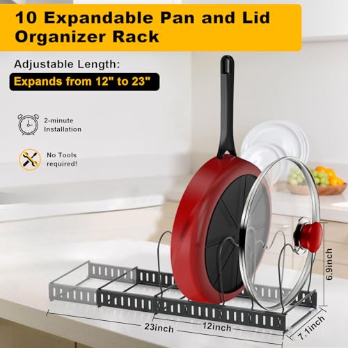 Pots and Pans Organizer Rack for Cabinet and Countertop Expandable Pot Lid Kitchen Cabinet Organizer Holder with 10 Adjustable Compartment, for Cutting Board, Cast-Iron Pan, Heavy Cookware - Image 3