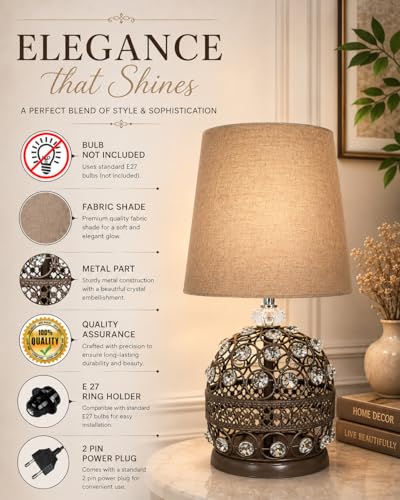 Image of Homesake Modern Small Crystal Table Lamp, Contemporary Bedroom Bedside Nightstand Lamp, Morden Minimalist, Desk Globe Lamp for Living Room Girls Kids Room, Fabric Shade (Grey)