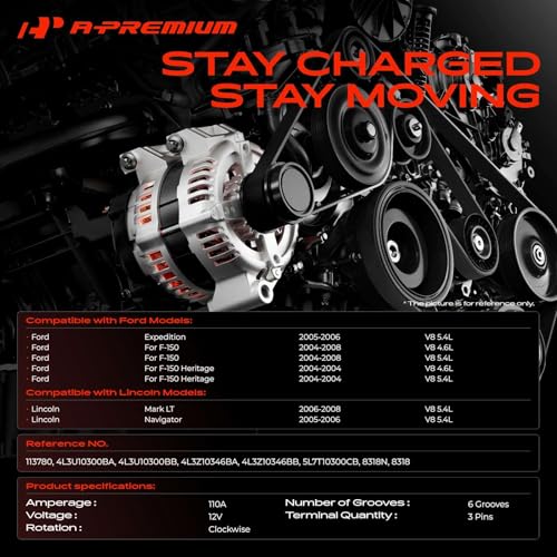 Image of A-Premium Alternator Compatible with Ford F-150 2004-2008, Expedition 2005-2006 & Lincoln Navigator 05-06, Mark LT 06-08, 4.6L 5.4L, 12V 110A CW 6-Groove Pulley, Replace# 4L3U-10300-BA, 5L7T-10300-CB