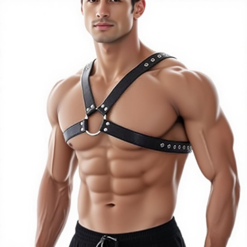 Arnés de bondage de cuero negro, diseño de cruz con anillos de metal y remaches, arnés ajustable BDSM para fetiche, gótico, punk y moda alternativa