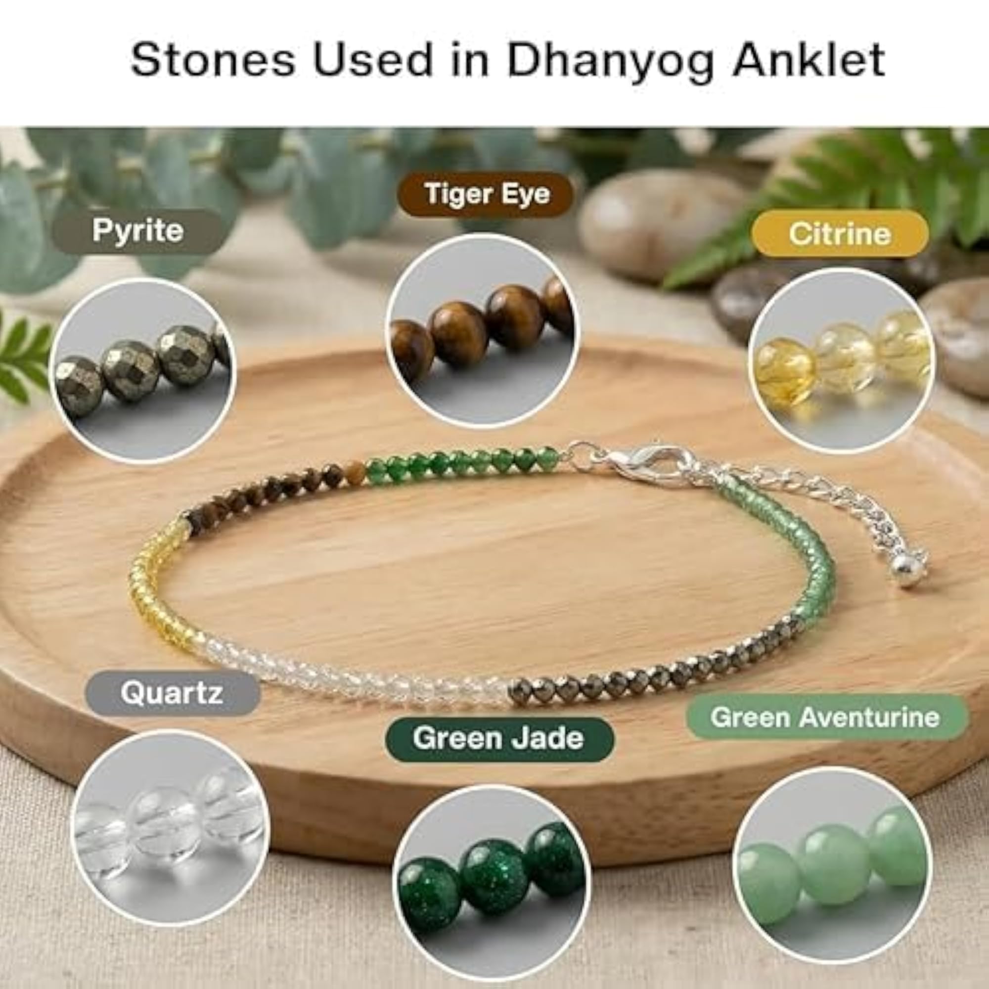 Women's Natural Stone Healing Crystal Anklet, Adjustable