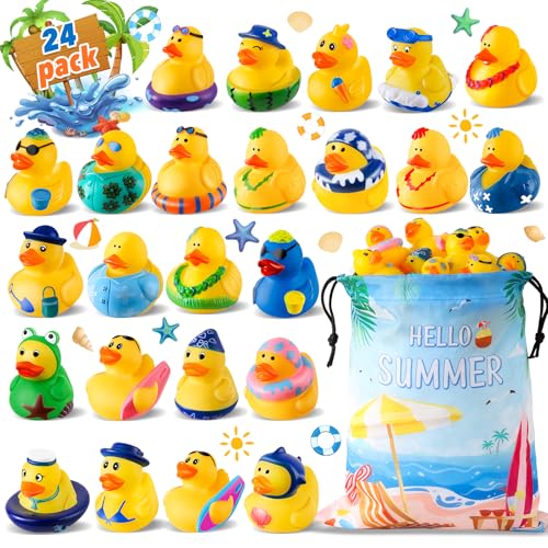 24 Pcs Summer Rubber Ducks with a Bag, Ducks for Cruise Ship Hiding, Ducks for Jeeps, Assorted Beach Duckies Toys for Summer Vacation, Cruise Essentials 2026, Beach Party Favors Gifts for Kids
