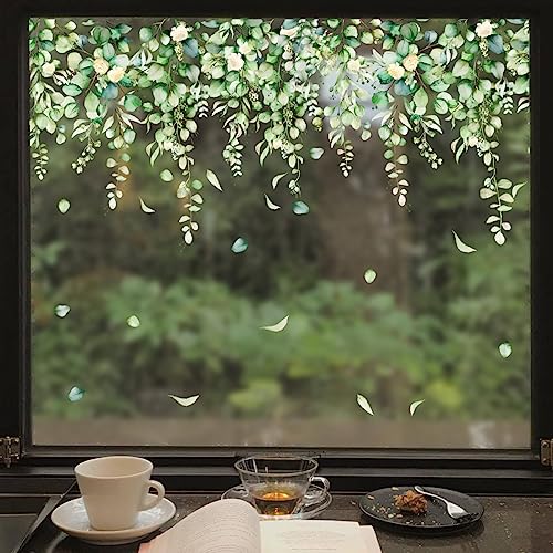 duahappy Green Plant Hanging Wall Stickers, PVC Double-Sided Anti Collision Removable Flowers Leaves Decals, Spring Summer for Home, Shop, Party Display