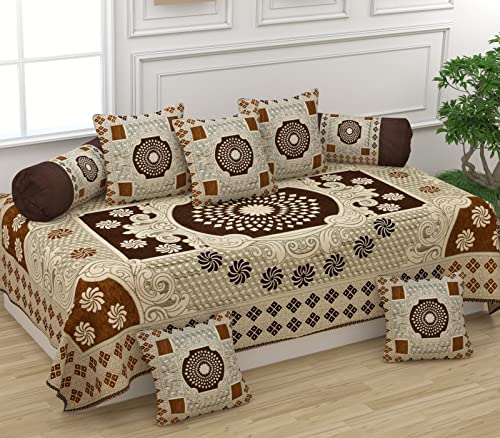 Image of SAWNA Homes Presents Beautiful Chenille Fabric Printed Designer Diwan Cover Sets (Single Bedsheet + 5 Cushion Covers 2 Bolster Covers) (Coffee)