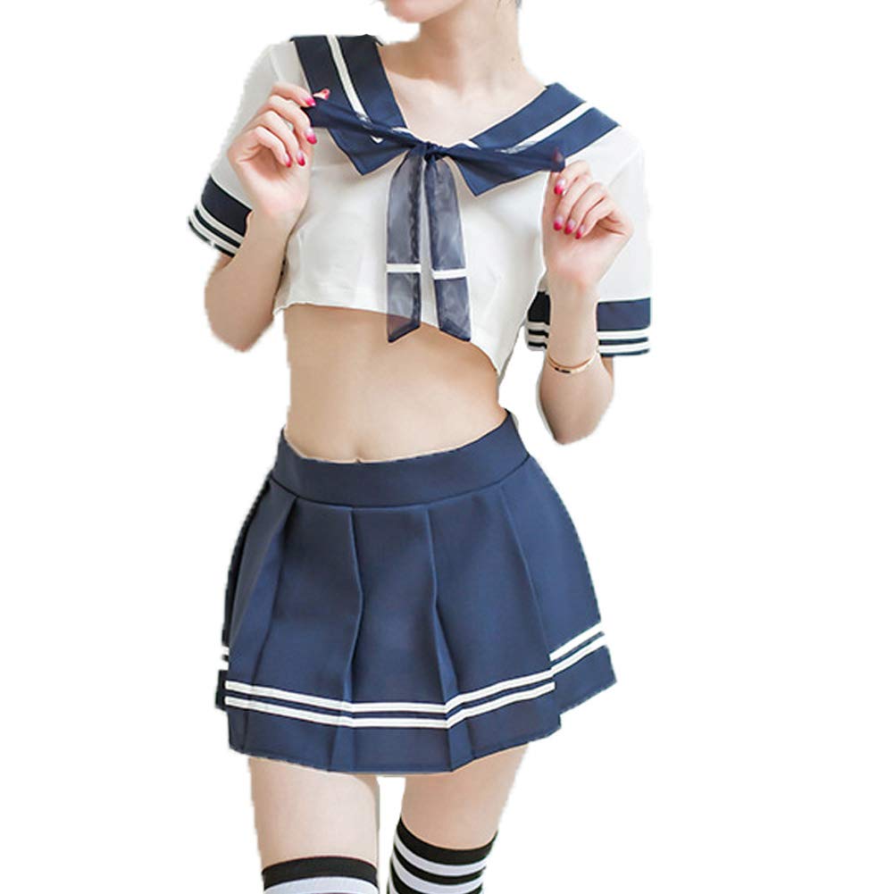 Women School Girl Lingerie Set Cosplay Costume Mini Sailor Suit Navy Blue
