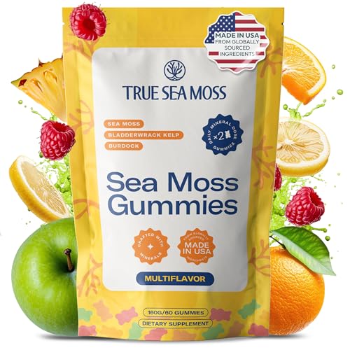 TrueSeaMoss Sea Moss Gummies with Bladderwrack & Burdock Root Vegan Formula for Adults & Kids Fruity Flavor 60 Gummies (Pouch May Vary)