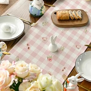 Artoid Mode Bunny Rabbit Flowers Leaves Pink Buffalo Plaid Easter Table Runner, Spring Kitchen Dining Table Decoration for Home Party Decor 13x72 Inch Artoid Mode Bunny Rabbit Flowers Leaves Pink Buffalo Plaid Easter Table Runner Spring Kitchen Dining Table Decoration for Home Party Decor 13×72 Inch