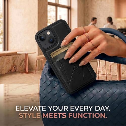 Image of amazon basics Premium Vegan Leather Back Cover with Card Holder and Integrated Mobile Stand for iPhone 13 - Slim Shockproof Wallet Case with Geometric Stitching [Black]