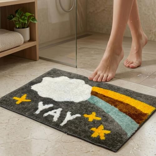 Image of Dream Weaverz 2000 GSM Soft Microfiber Bath Mat - Quick Dry Anti-Skid Water Absorbent Floor Rug, Machine Washable Non Slip Door Mat for Bathroom & Bedroom (40 x 60 cm) (Rainbow & Cloud)