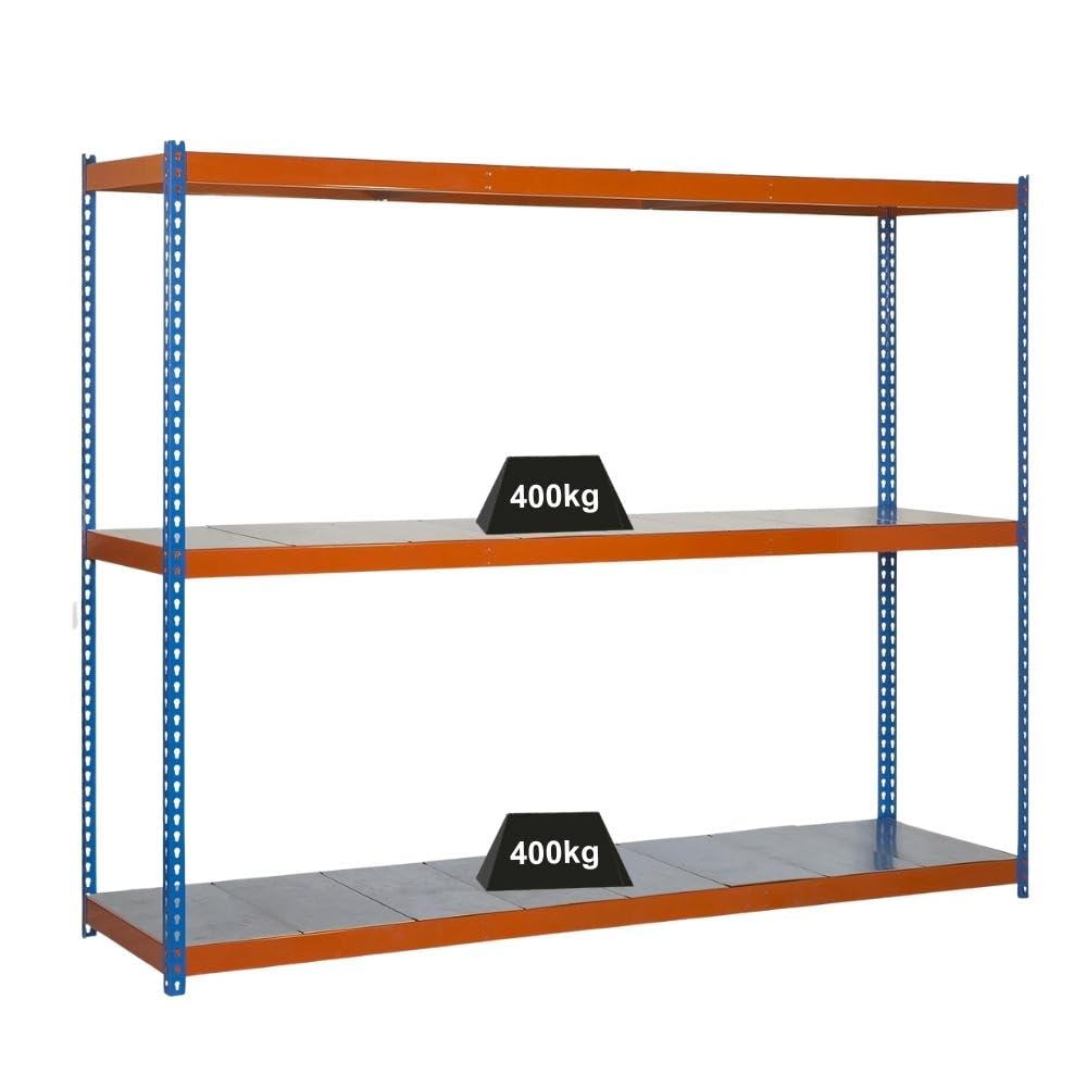 PROREGAL Schwerlastregal MID Metal YETI Three | HxBxT 150x120x60cm | Fachlast 400kg | Blau-Orange | Regal Standregal Werkstattregal Lagerregal Kellerregal