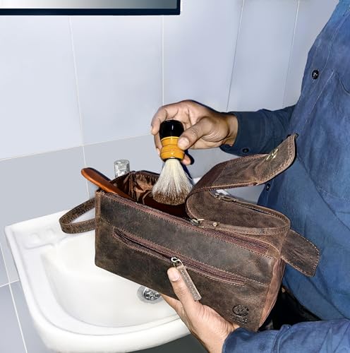 Image of Rustic Town Leather Toiletry Bag for Men & Women - Multifunctional Travel Organizer, Shaving Kit, Makeup Kit, Cosmetic Pouch - Travel Toiletries Gifts (Dark Brown)