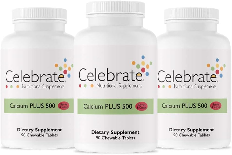 Yi bikin Bitamin Calcium Plus 500 Bariatric Calcium Citrate tare da Vitamin D3 Chewable, 500 MG, Gluten-Free & Sugar-Free, Calcium Citrate don Marasa lafiya na Bariatric, Berries & Cream, 270 Count