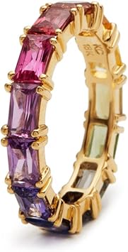 QUSIIOSLK 14K Gold Plated Rainbow Baguette Cubic Zirconia Ring Multicolor Square Crystal Eternity Finger Ring for Women Anniversary Birthday Jewelry Gift Size 6-10 8