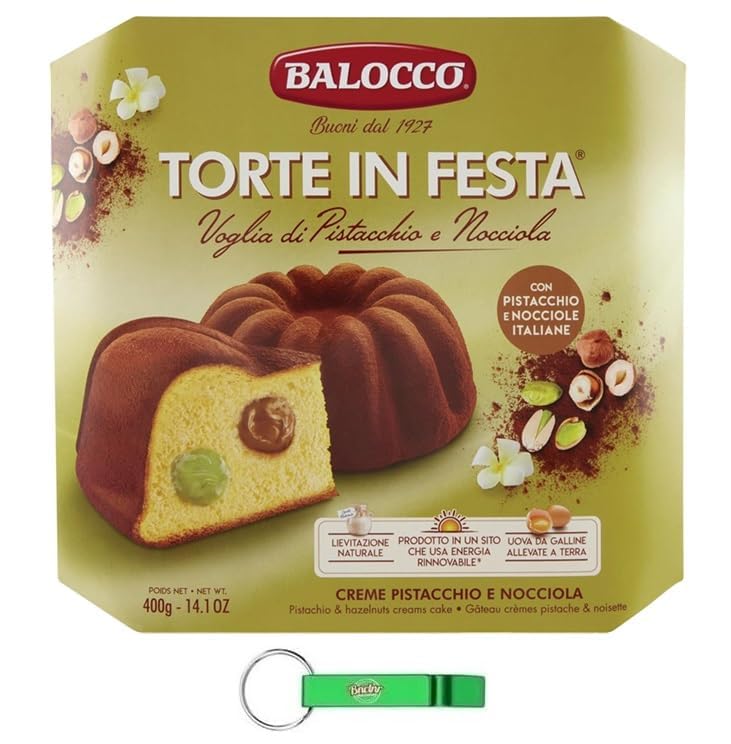 Torta Balocco Balocco in Festa Pistacchio e Nocciola – Postre italiano de Navidad – Pastel relleno de pistacho y crema de avellana 400 g + llavero Beni Culinari gratis