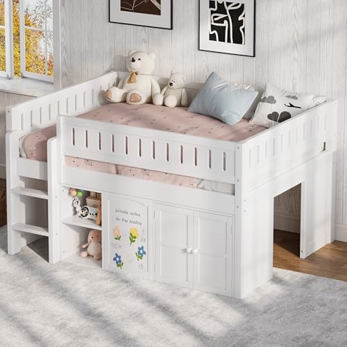 Image of Full Size Loft Bed with Storage Cabinet and Chalkboard Panel, Solid Wood Frame - Space-Saving Design for Kids /Teens Bedroom (White-A1)